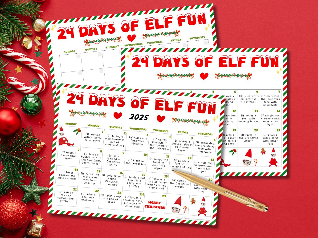 Editable Elf Ideas Calendar Printable