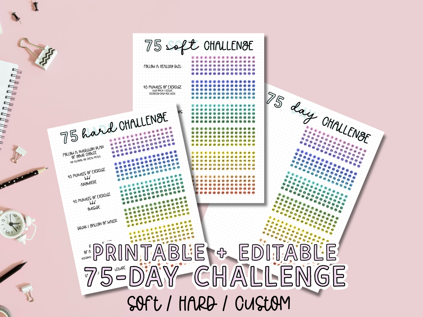 Bundle of 3: 75 Soft/Hard/Custom Challenge Tracker - Editable PDF