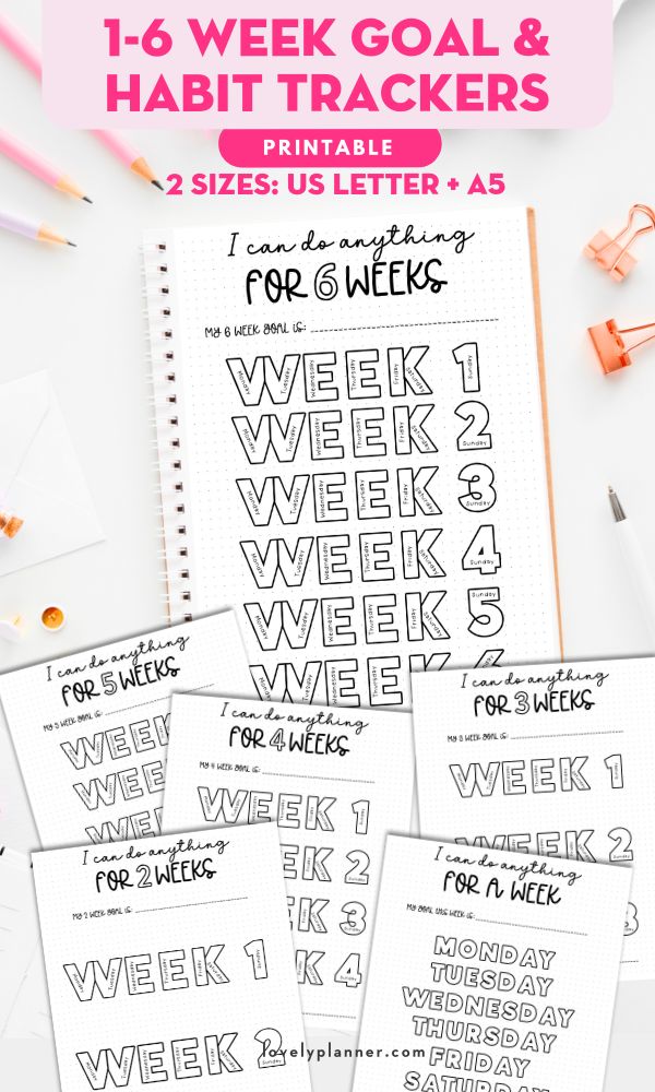 1-6 Week Goal Tracker Pack with 8 pages in A5/US Letter & Dot Grid/Blank