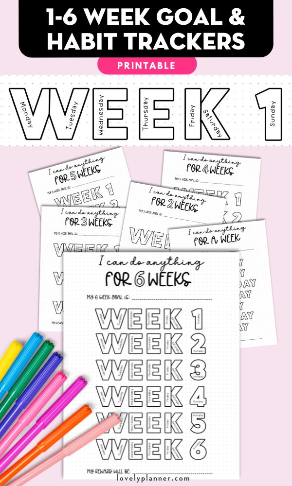 1-6 Week Goal Tracker Pack with 8 pages in A5/US Letter & Dot Grid/Blank