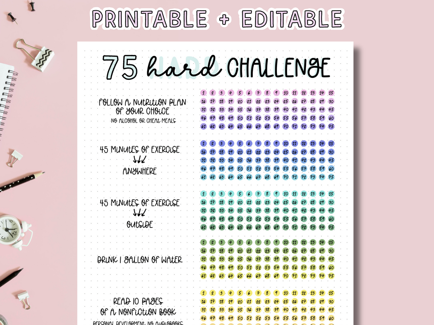 75 Hard Challenge Tracker - Editable PDF