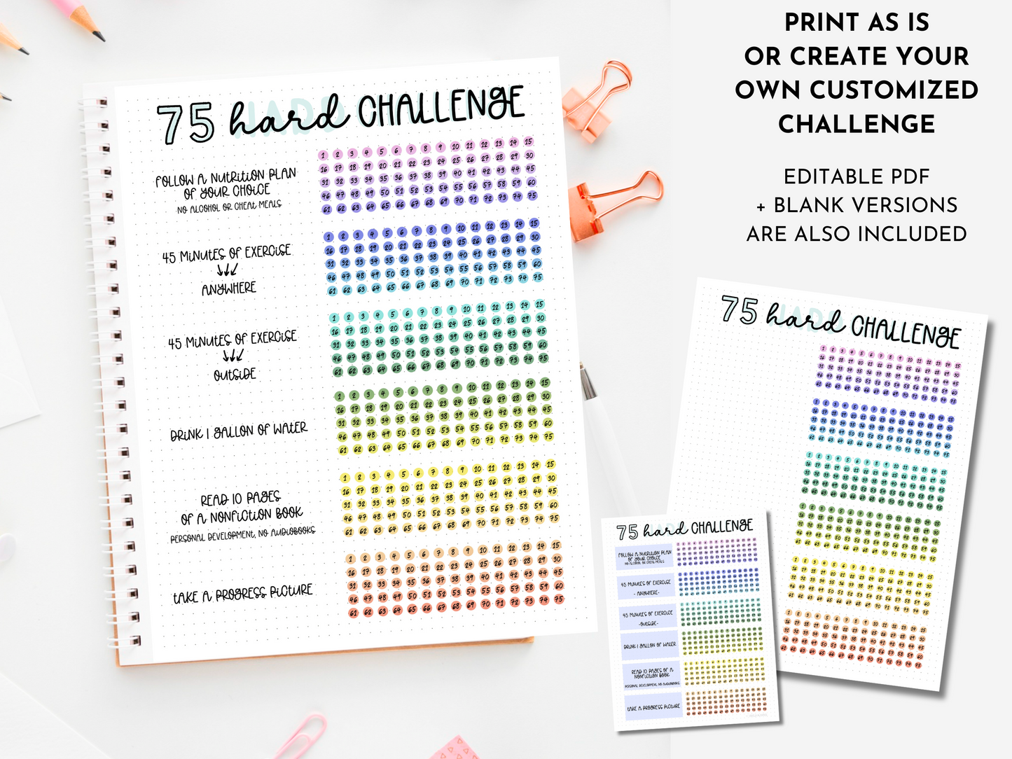 75 Hard Challenge Tracker - Editable PDF