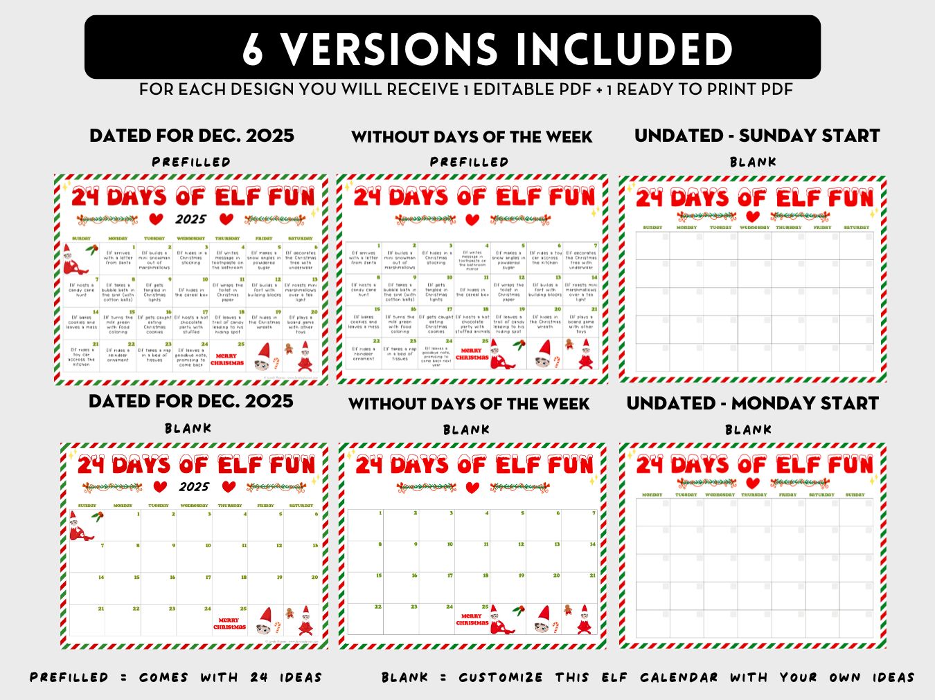 Editable Elf Ideas Calendar Printable