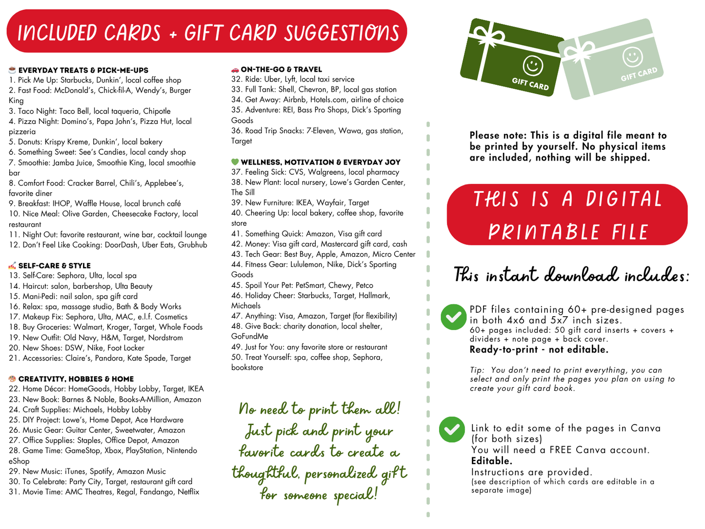 Editable & Printable Christmas Gift Card Book - 50 gift card holders + 3 covers in 2 sizes 4x6 & 5x7 (SET B)