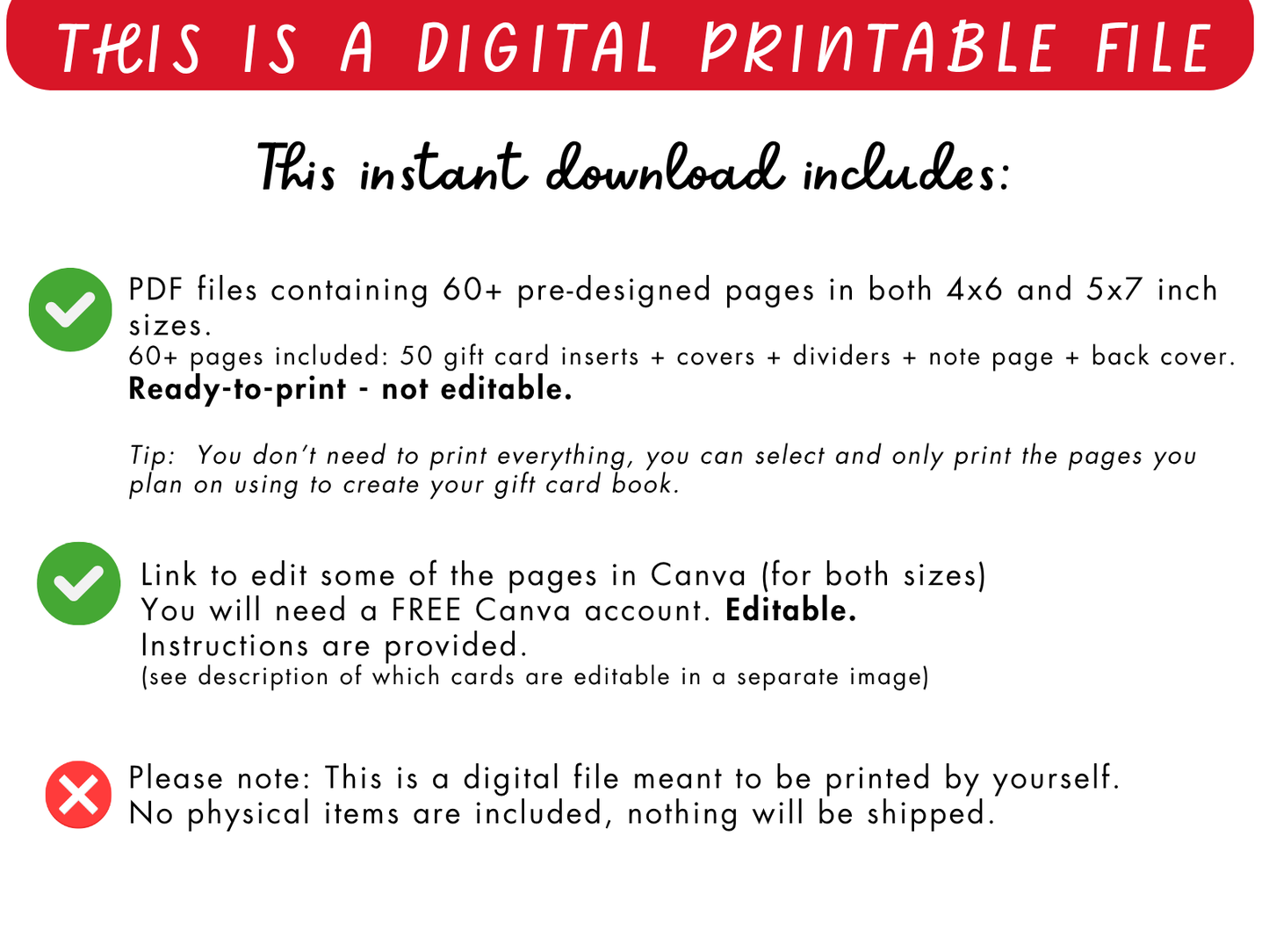 Editable & Printable Christmas Gift Card Book - 50 gift card holders + 3 covers in 2 sizes 4x6 & 5x7 (SET B)