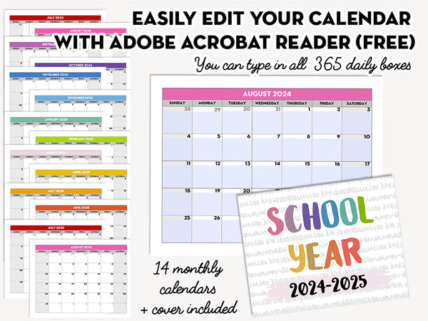 EDITABLE PDF - 2024-2025 Monthly School Calendar