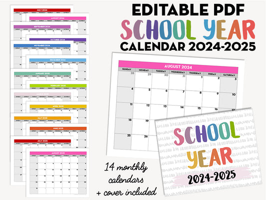 EDITABLE PDF - 2024-2025 Monthly School Calendar