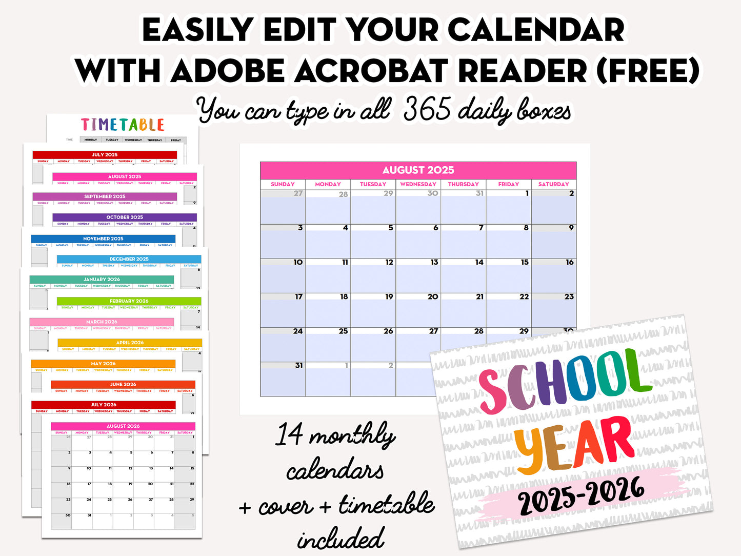 EDITABLE PDF - 2025-2026 Monthly School Calendar