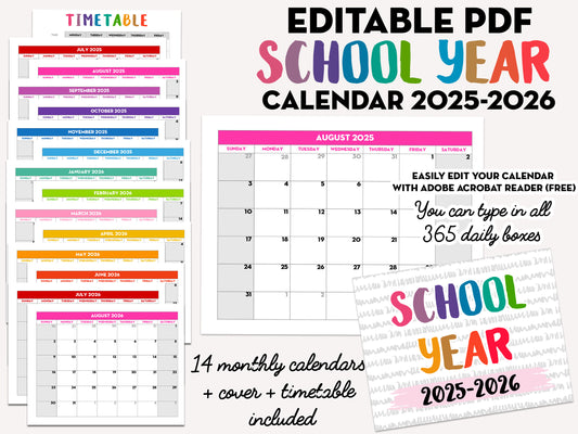 EDITABLE PDF - 2025-2026 Monthly School Calendar