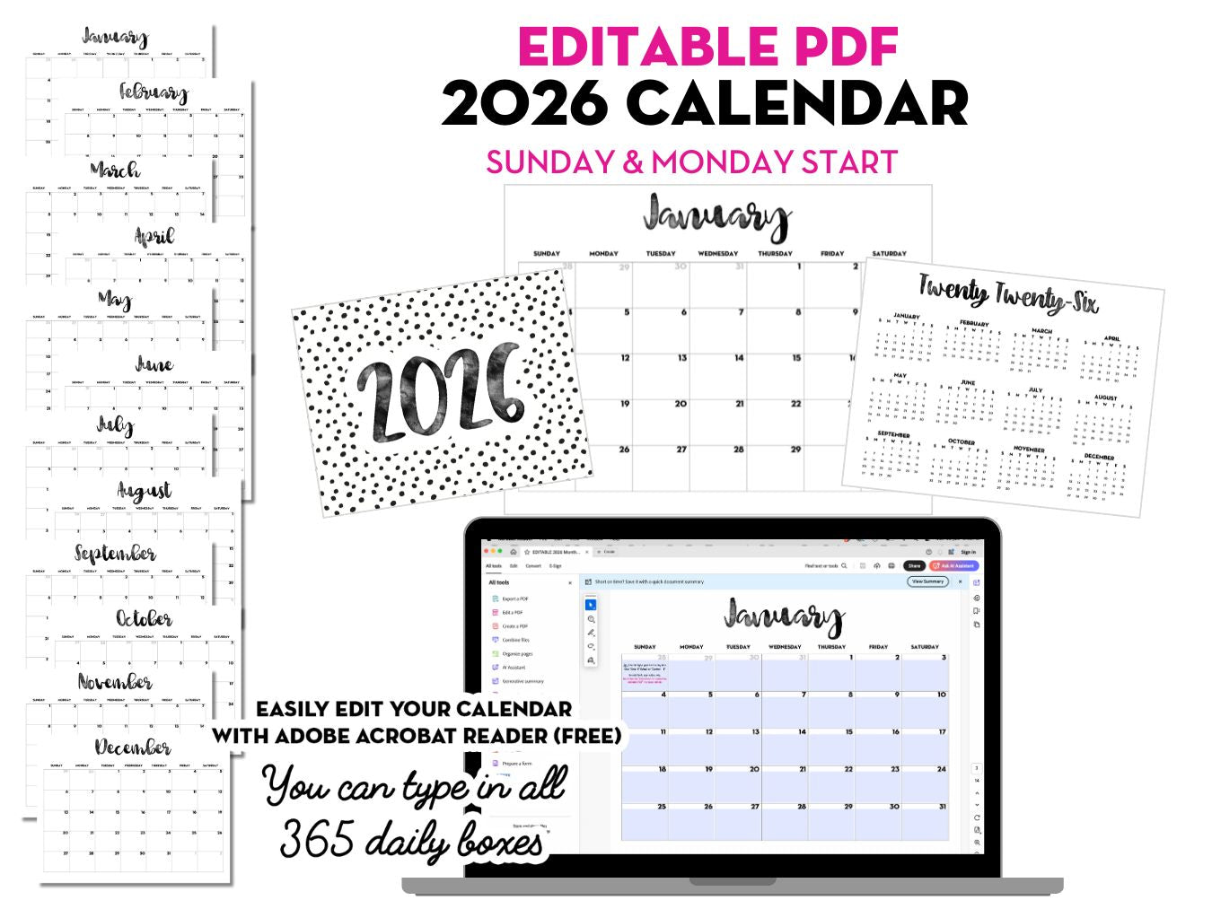 2026 Monthly Calendar - EDITABLE PDF