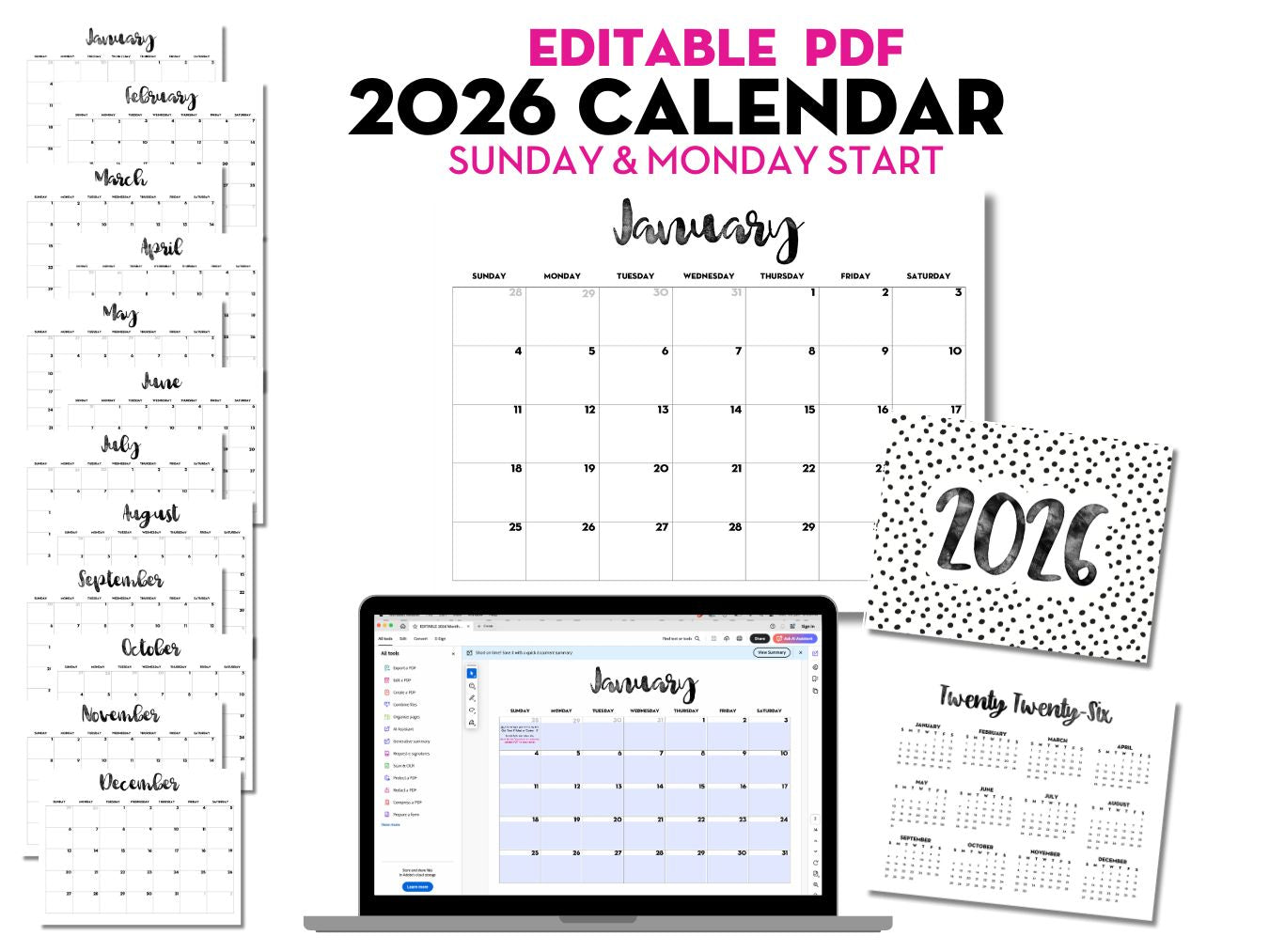 2026 Monthly Calendar - EDITABLE PDF