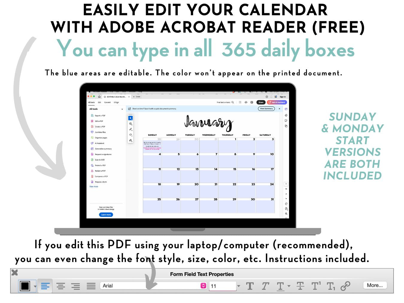 2026 Monthly Calendar - EDITABLE PDF