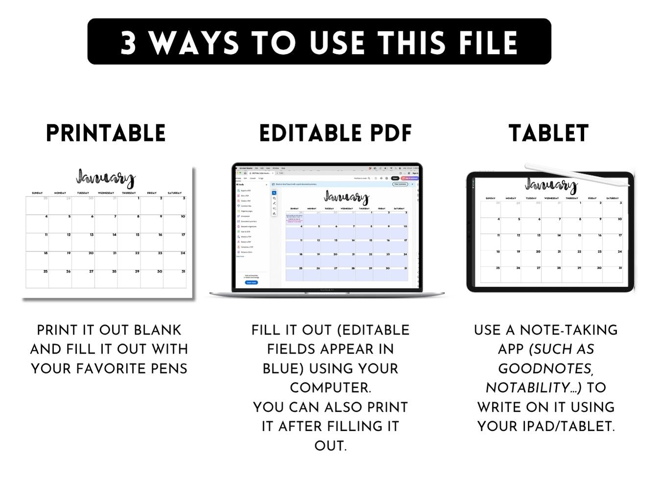 2026 Monthly Calendar - EDITABLE PDF