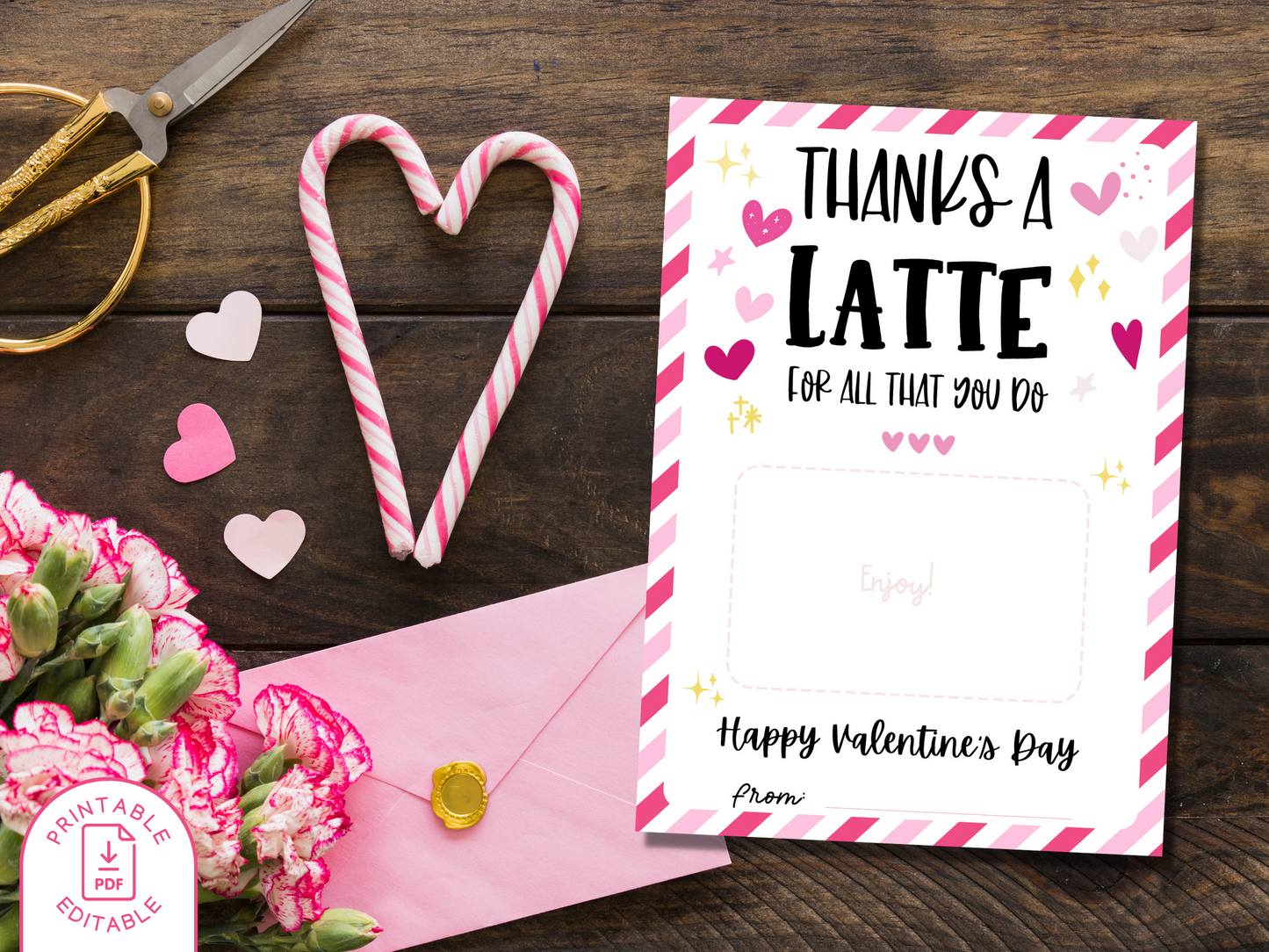 Printable Thanks a Latte Valentine Gift Card Holder - Editable PDF