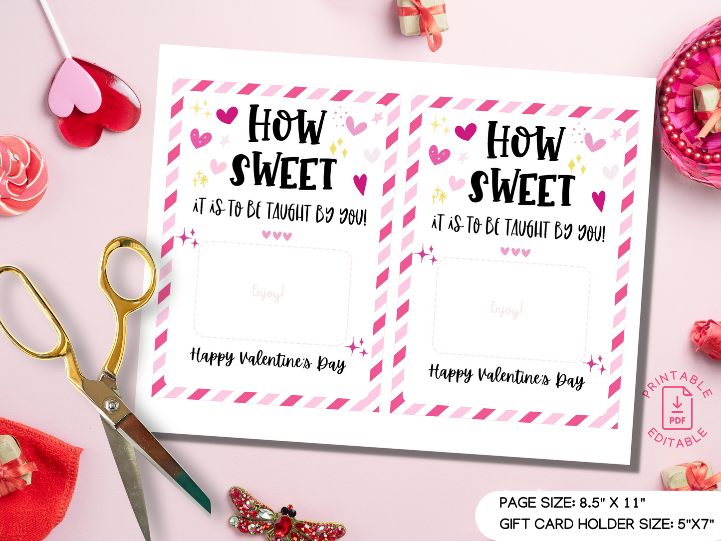 Printable Teacher Valentine Gift Card Holder - Editable PDF