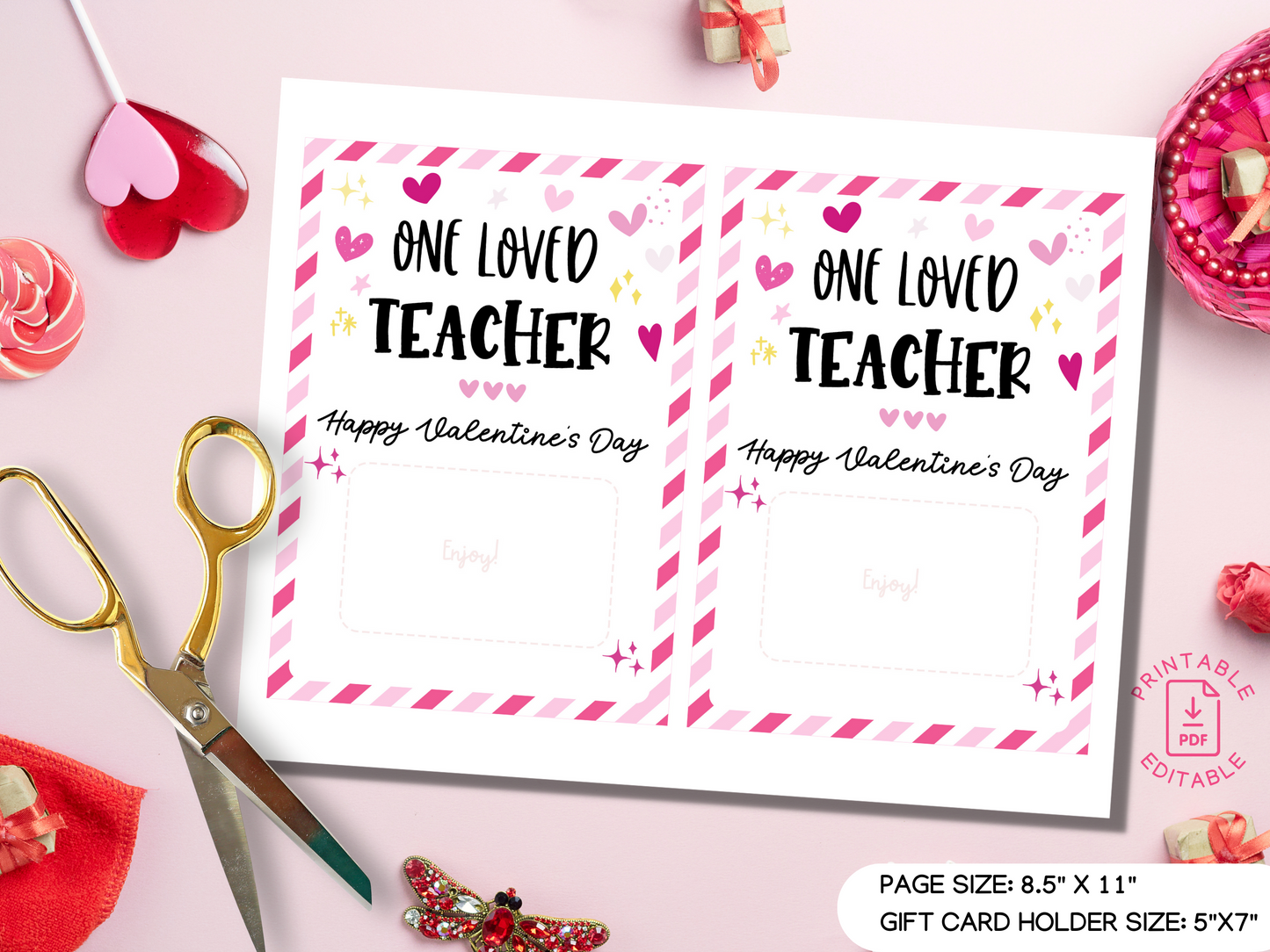 Printable Teacher Valentine Gift Card Holder - Editable PDF