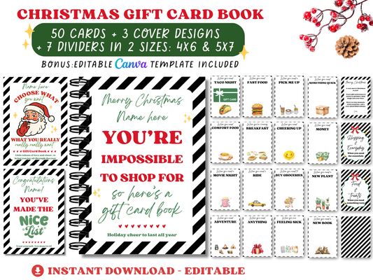 Funny Editable & Printable Christmas Gift Card Book - 50 gift card holders + 3 covers in 2 sizes 4x6 & 5x7 (SET C)