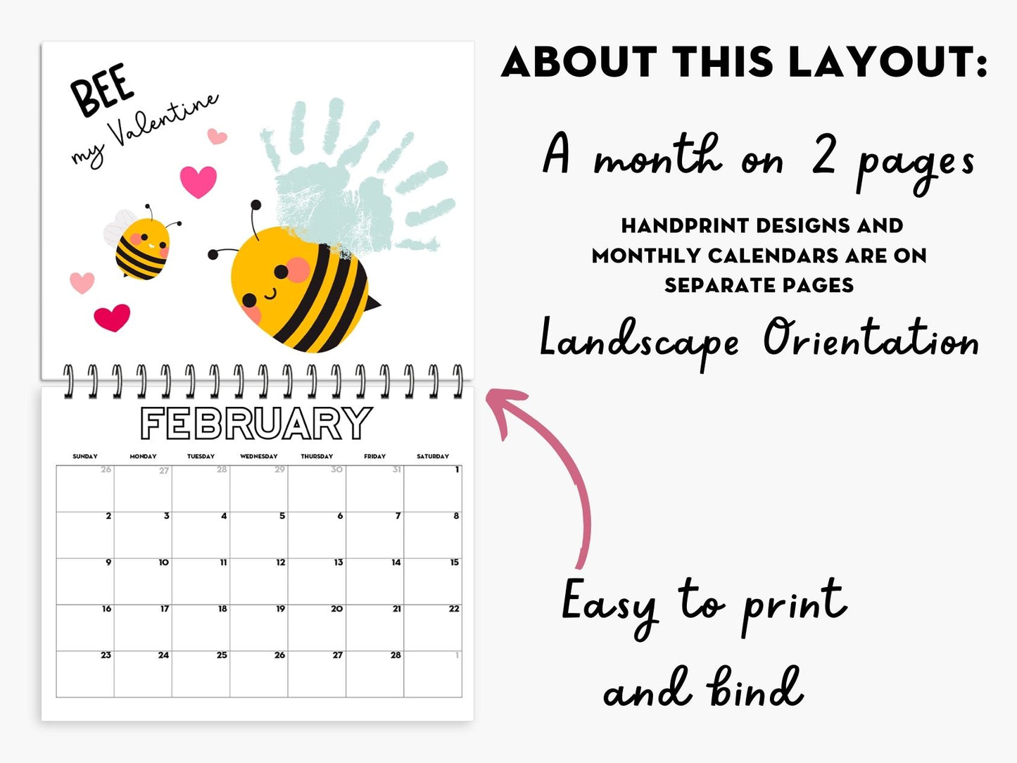 Handprint Calendar 2025 - Landscape Layout - 2 pages per month