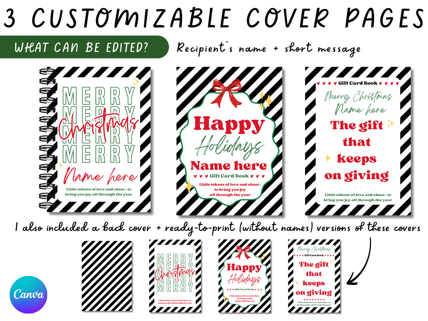 Editable & Printable Christmas Gift Card Book - 50 gift card holders + 3 covers in 2 sizes 4x6 & 5x7 (SET B)