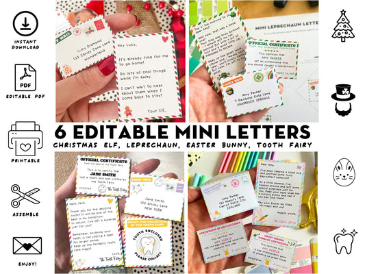 Printable BUNDLE of 6 Editable Mini Letters: Easter Bunny Letter, Leprechaun Letter, Christmas Elf Letter, Tooth Fairy Letter