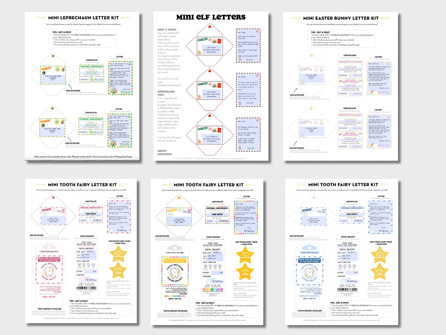 Printable BUNDLE of 6 Editable Mini Letters: Easter Bunny Letter, Leprechaun Letter, Christmas Elf Letter, Tooth Fairy Letter