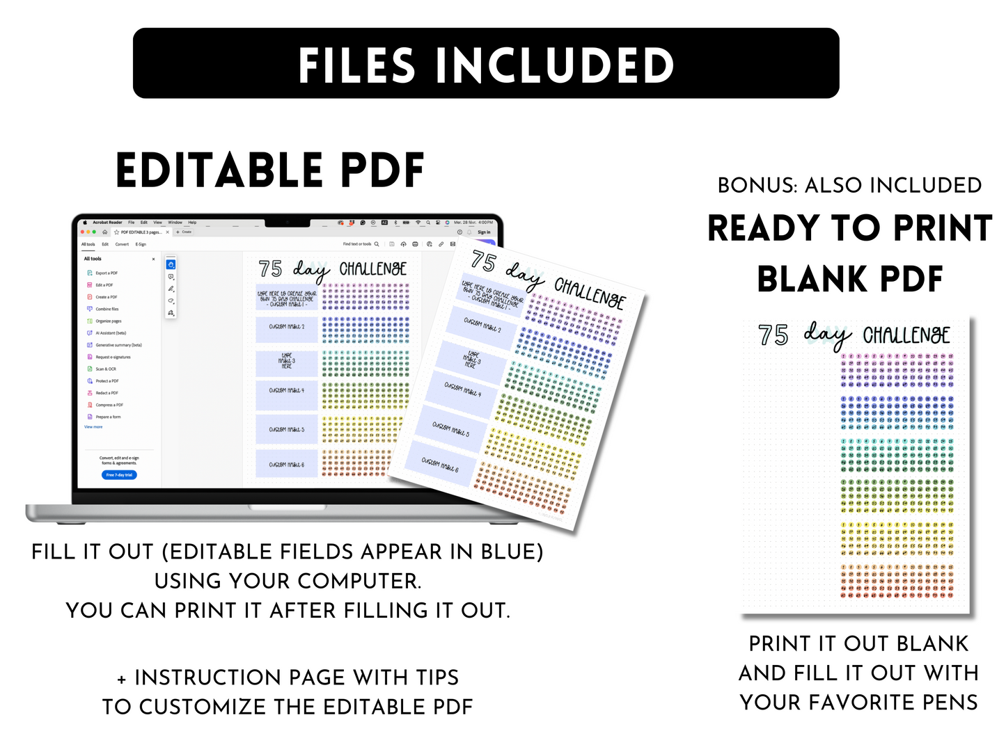 Bundle of 3: 75 Soft/Hard/Custom Challenge Tracker - Editable PDF