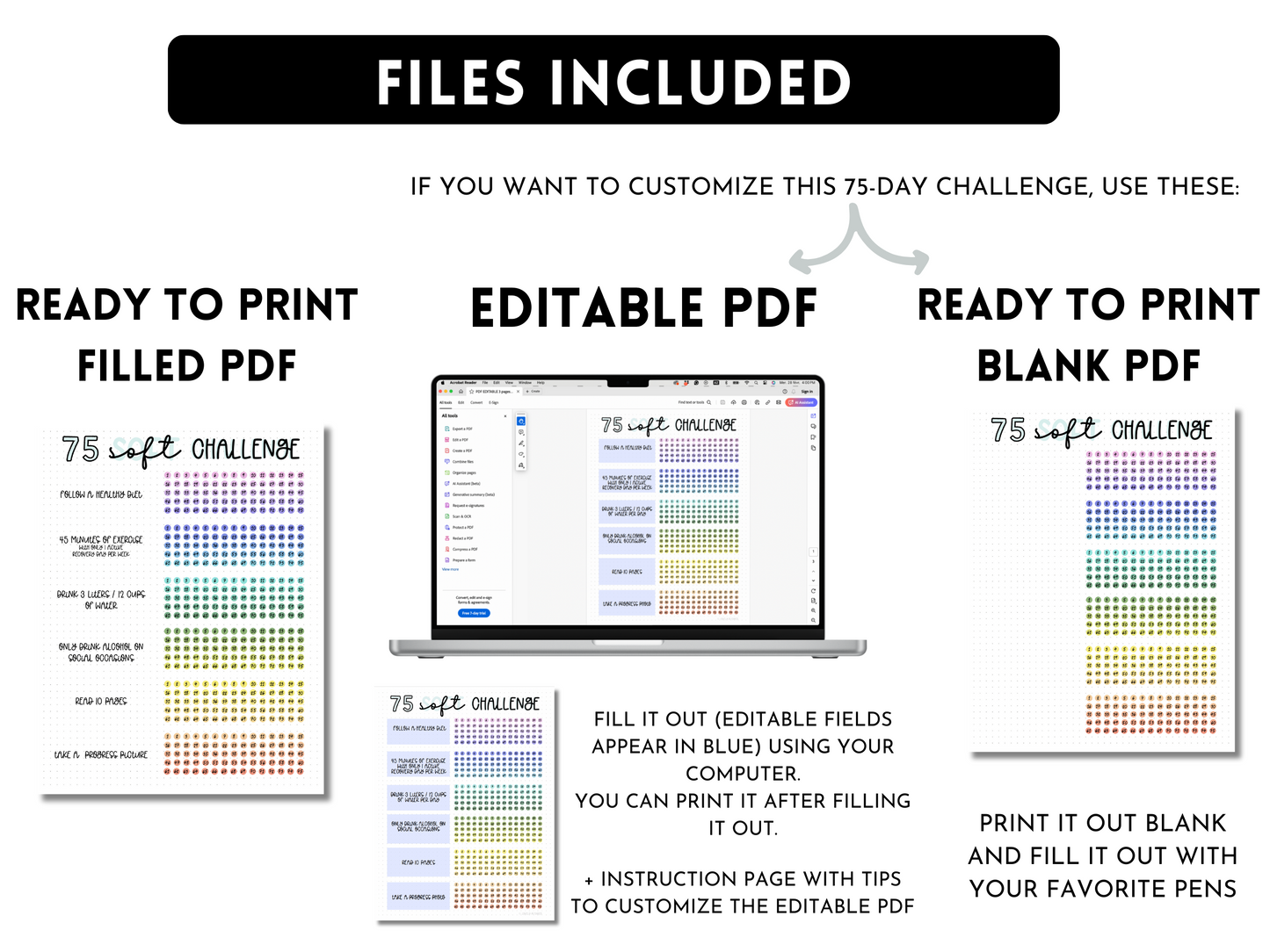 Bundle of 3: 75 Soft/Hard/Custom Challenge Tracker - Editable PDF