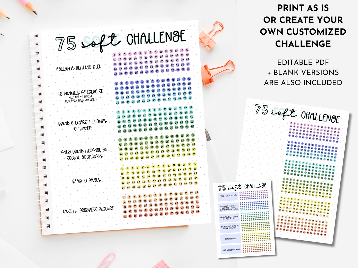 Bundle of 3: 75 Soft/Hard/Custom Challenge Tracker - Editable PDF