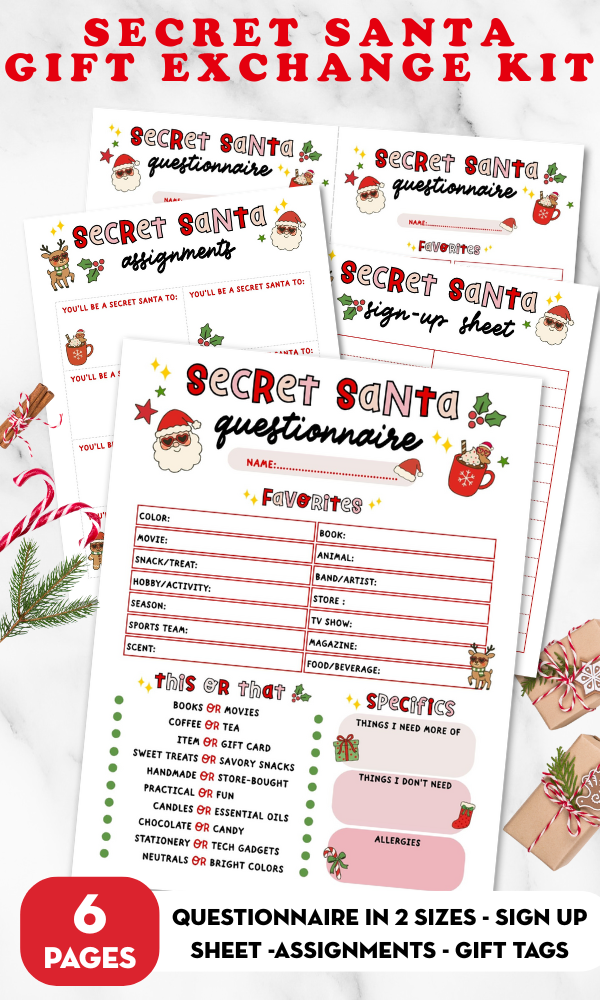 Secret Santa gift exchange kit with questionnaires, sign-up sheets, and gift tags