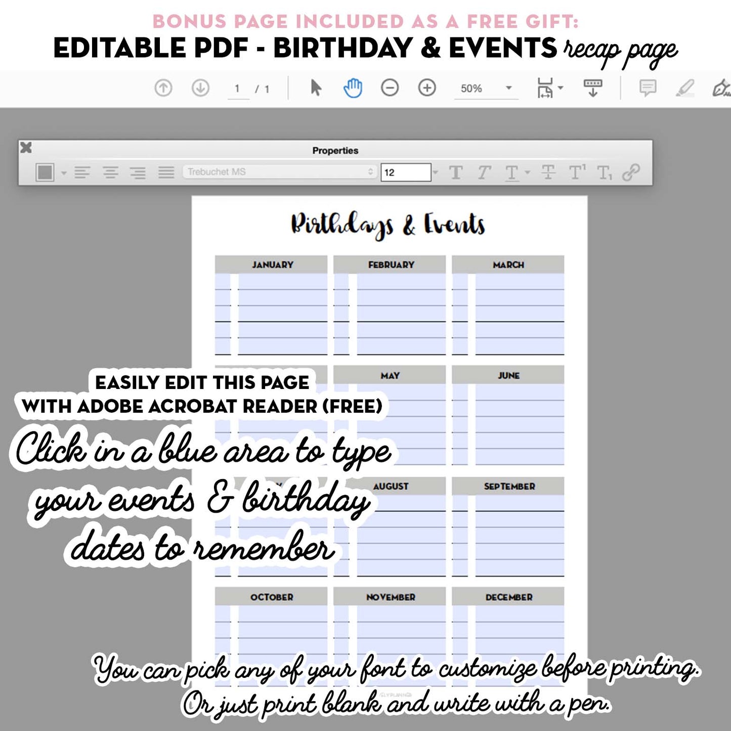 2026 Monthly Calendar - EDITABLE PDF