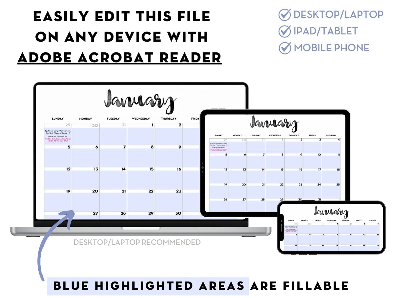 2026 Monthly Calendar - EDITABLE PDF