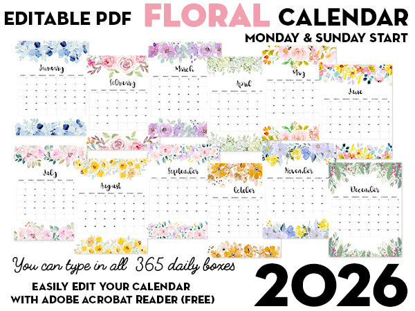 EDITABLE PDF 2026 Floral Calendar