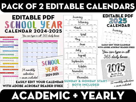 Pack of 2 Editable Calendars for 2025: ACADEMIC + YEARLY