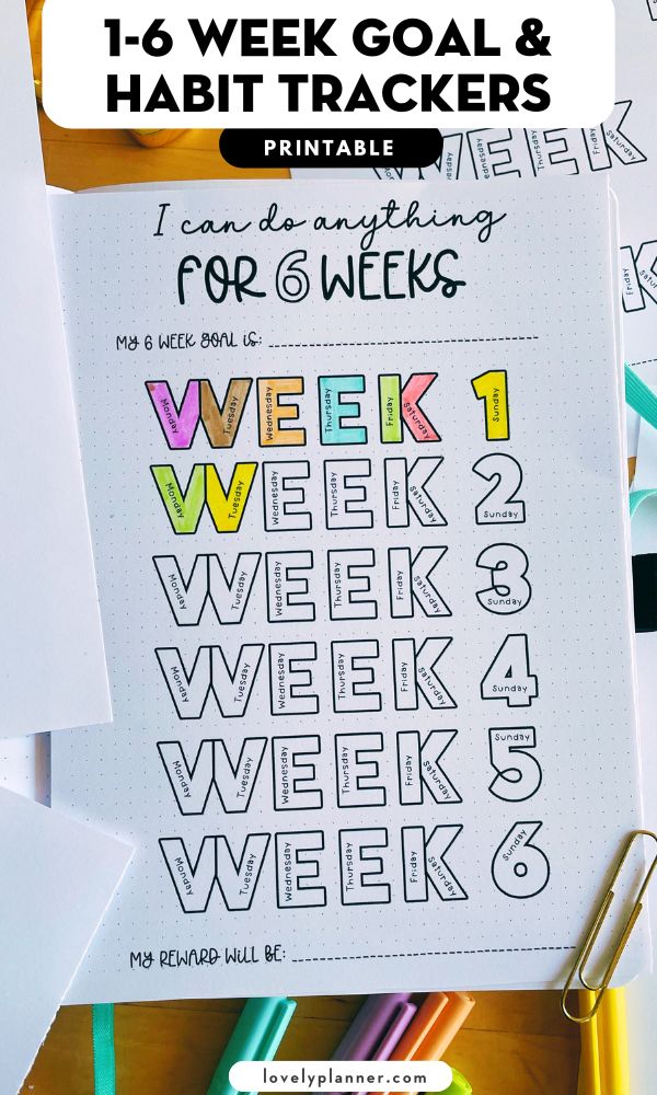 1-6 Week Goal Tracker Pack with 8 pages in A5/US Letter & Dot Grid/Blank