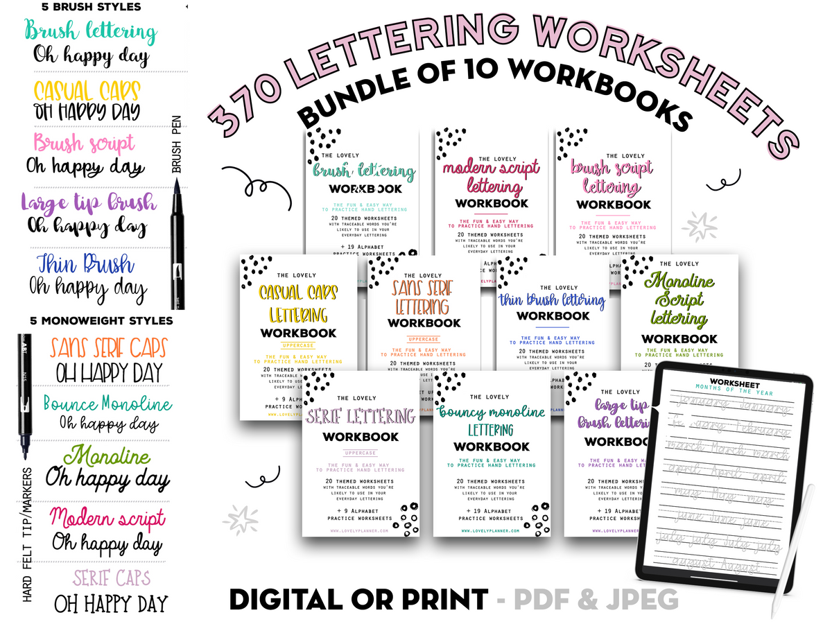BUNDLE of 5 Lettering Workbooks with 180 Hand Lettering Practice Works –  Lovely Planner