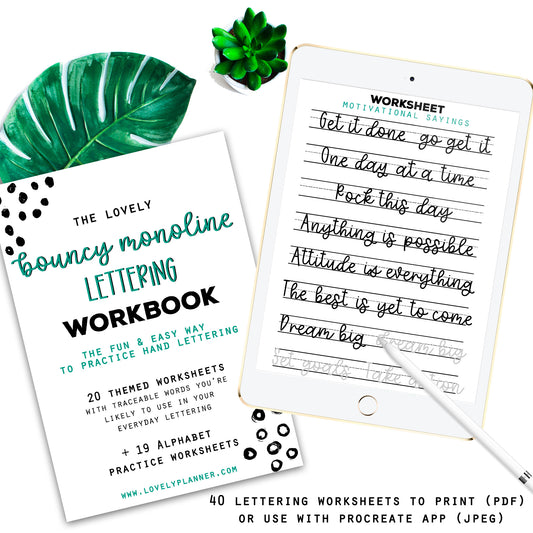 Bounce Monoline Script Lettering - 40 Practice Worksheets