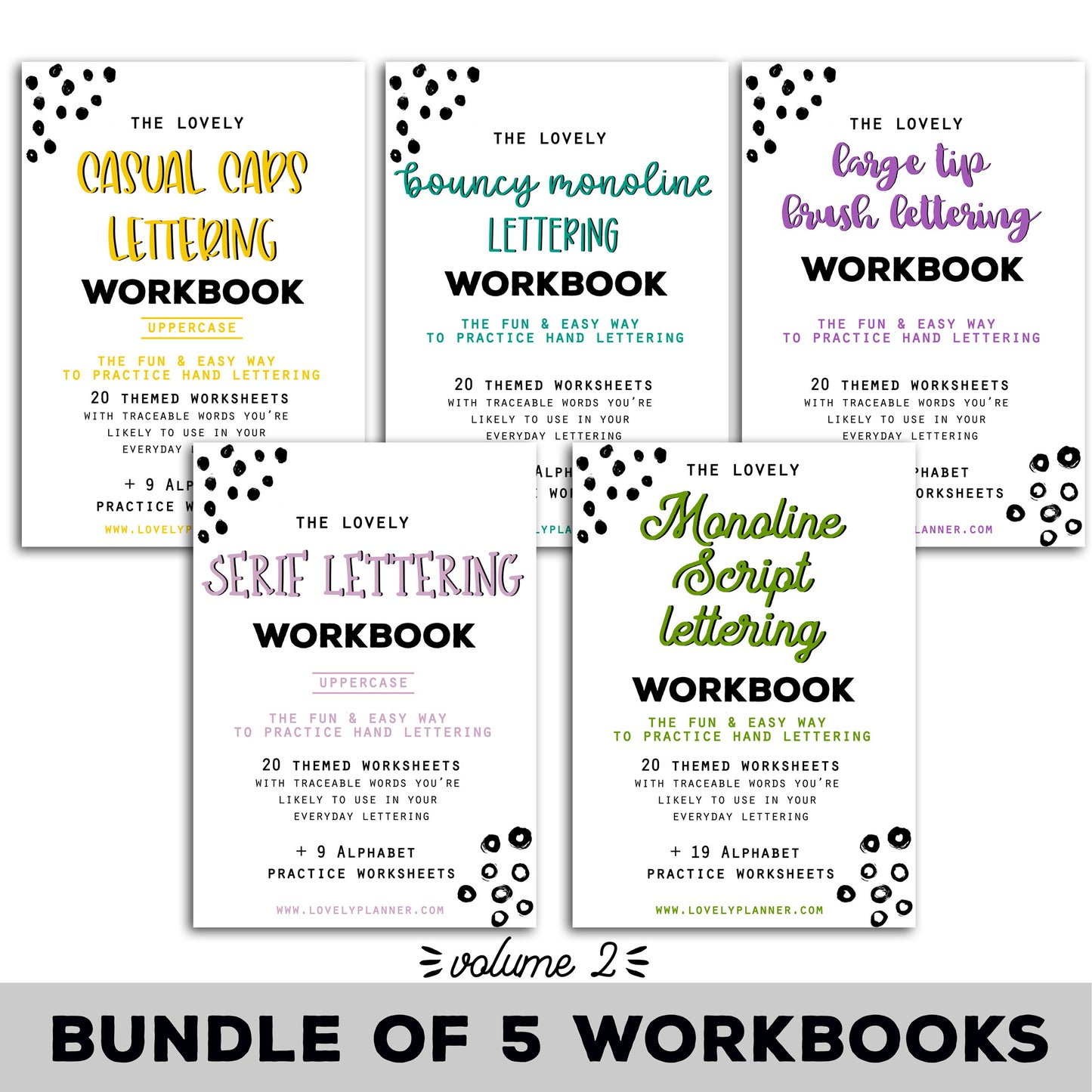 BUNDLE of 5 Lettering Workbooks with 180 Hand Lettering Practice Worksheets - Volume 2 - Procreate & Print, Modern Calligraphy, Ipad