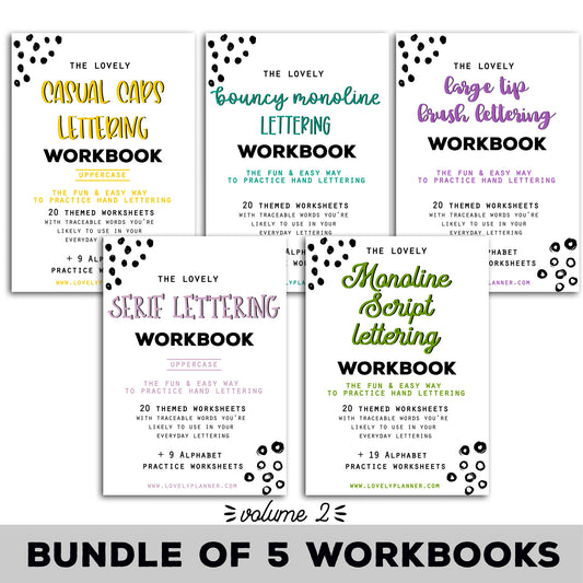 BUNDLE of 5 Lettering Workbooks with 180 Hand Lettering Practice Worksheets - Volume 2 - Procreate & Print, Modern Calligraphy, Ipad