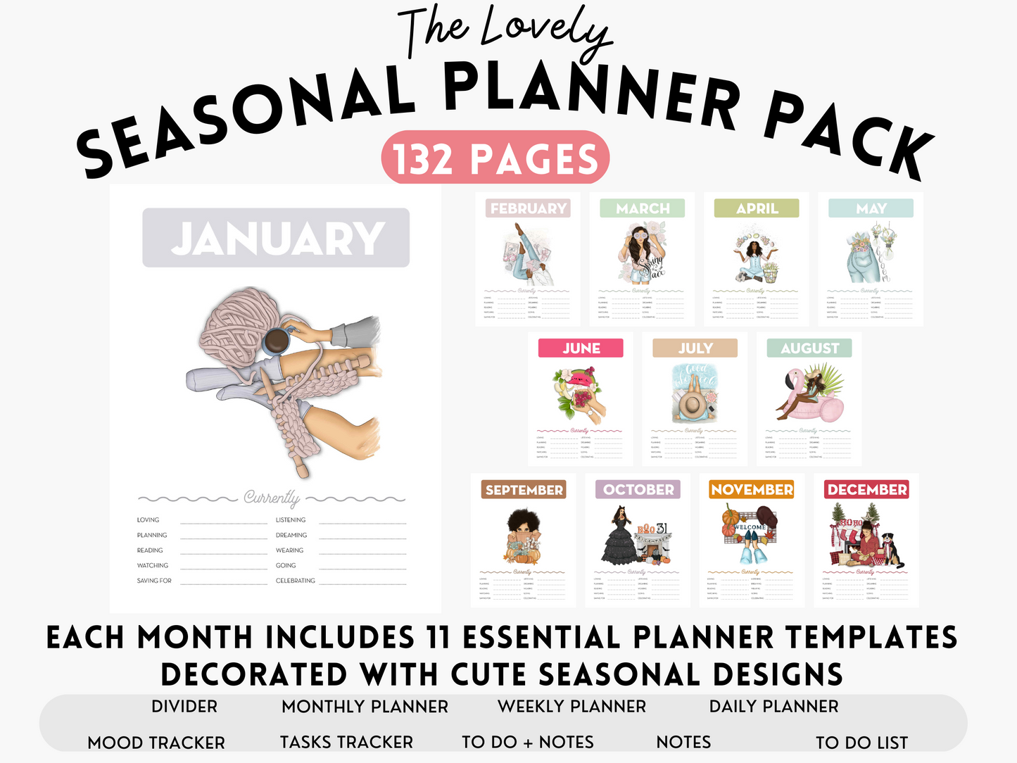 The Seasonal Planner Pack - 132 Pages: 12 Months of Cute Planner Pages - printable or digital planner