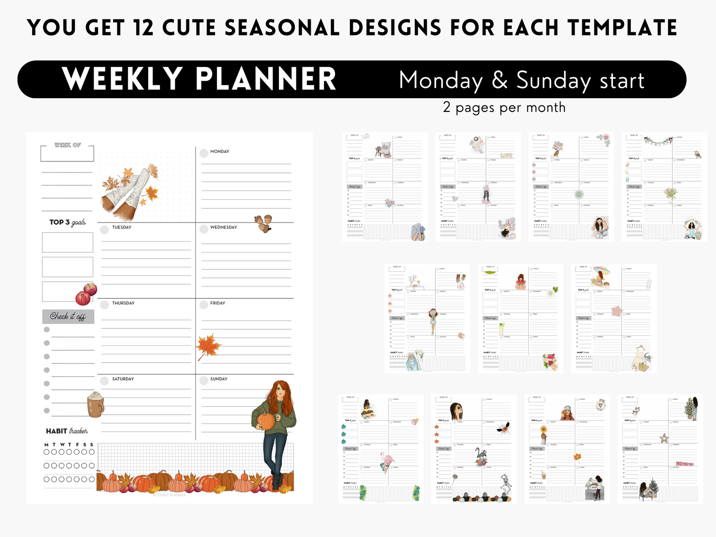 The Seasonal Planner Pack - 132 Pages: 12 Months of Cute Planner Pages - printable or digital planner
