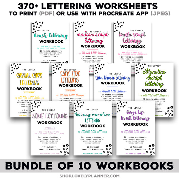 BUNDLE of 10 Lettering Workbooks with 370 Hand Lettering Practice Worksheets -Brush/Monoline for Procreate & Print, Modern Calligraphy, Ipad
