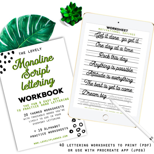 Monoline Script Lettering - 40 Practice Worksheets