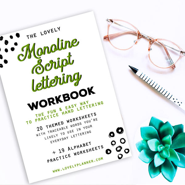 Monoline Script Lettering - 40 Practice Worksheets