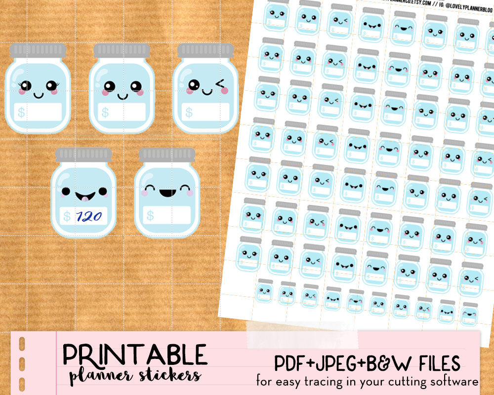 Kawaii Savings Jar / Savings Tracker Stickers - Printable