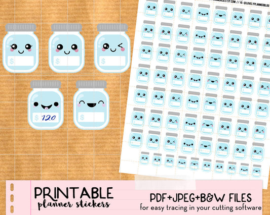 Kawaii Savings Jar / Savings Tracker Stickers - Printable