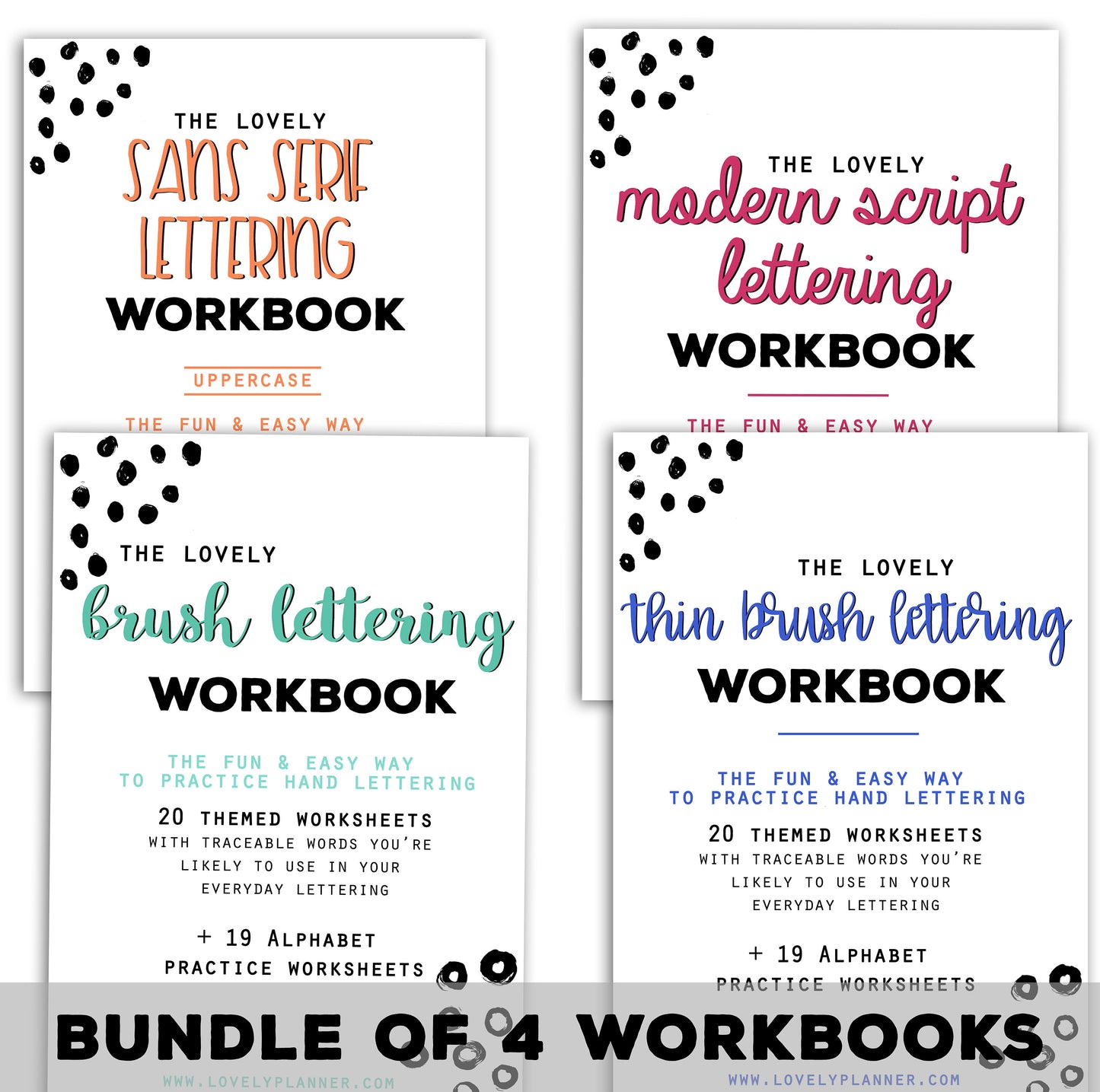 BUNDLE of 4 Lettering Workbooks with 150 Hand Lettering Practice Worksheets - Brush/Script -for Procreate & Print, Modern Calligraphy, Ipad