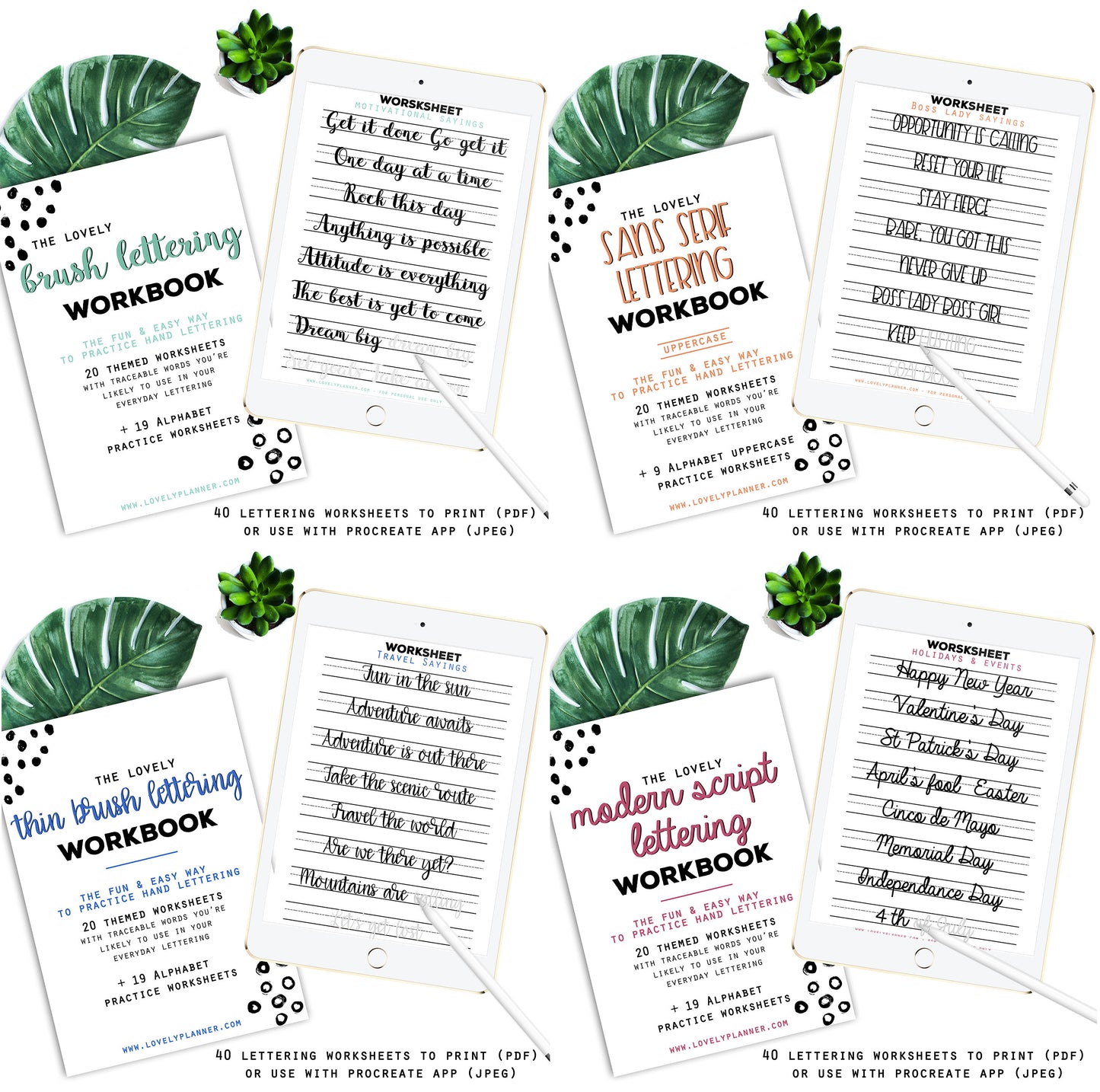 BUNDLE of 4 Lettering Workbooks with 150 Hand Lettering Practice Worksheets - Brush/Script -for Procreate & Print, Modern Calligraphy, Ipad