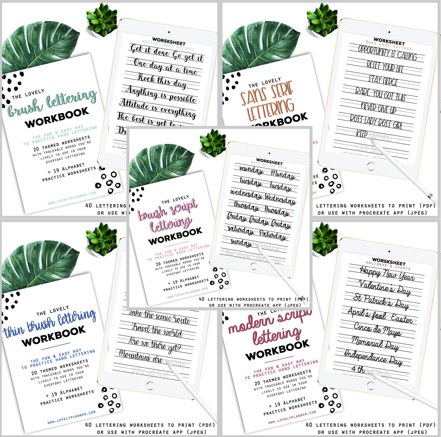 BUNDLE of 5 Lettering Workbooks with 190 Hand Lettering Practice Worksheets - for Print & Procreate
