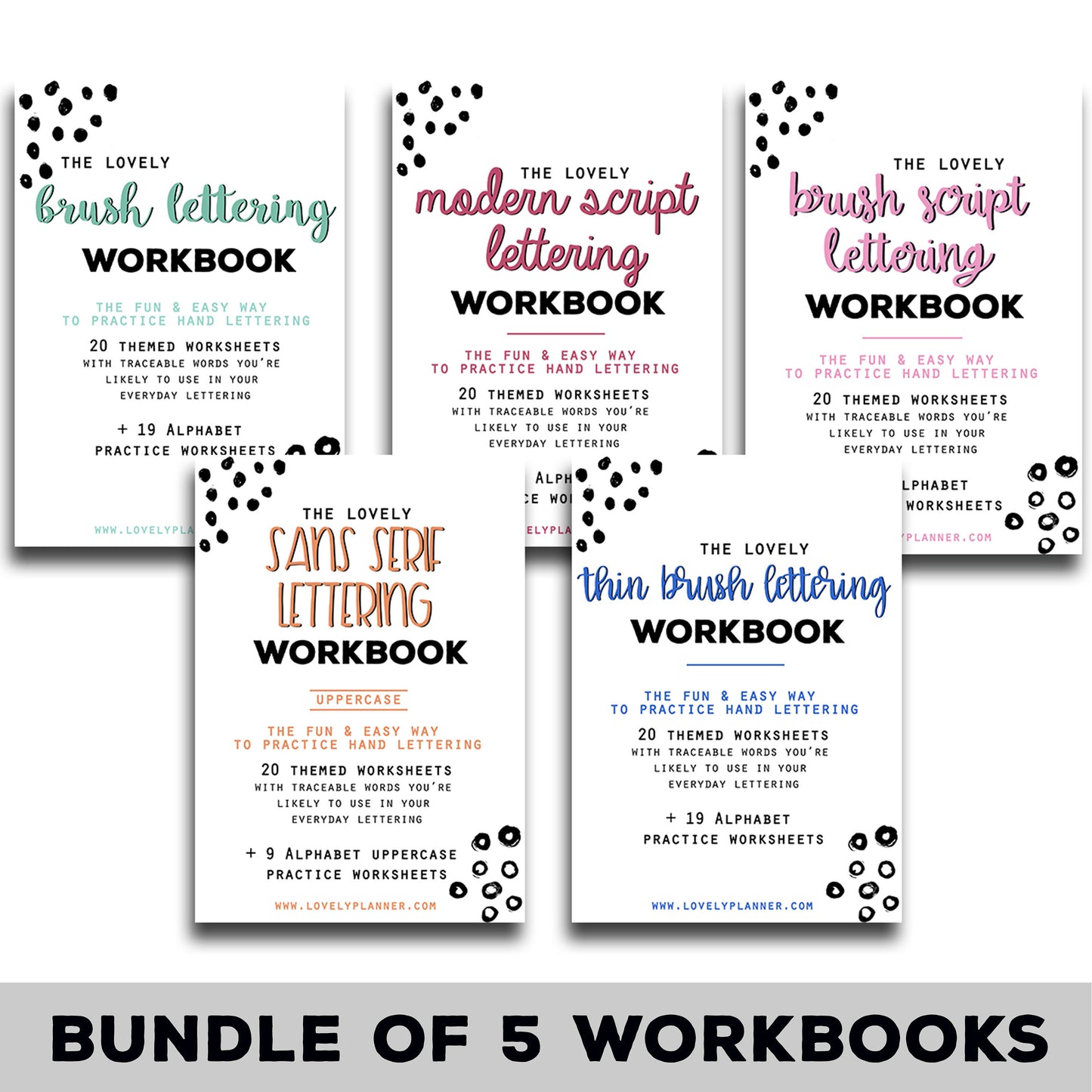 BUNDLE of 5 Lettering Workbooks with 190 Hand Lettering Practice Worksheets - for Print & Procreate