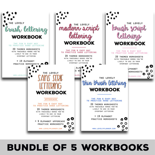 Welcome Offer - BUNDLE of 5 Lettering Workbooks with 190 Hand Lettering Practice Worksheets - for Print & Procreate
